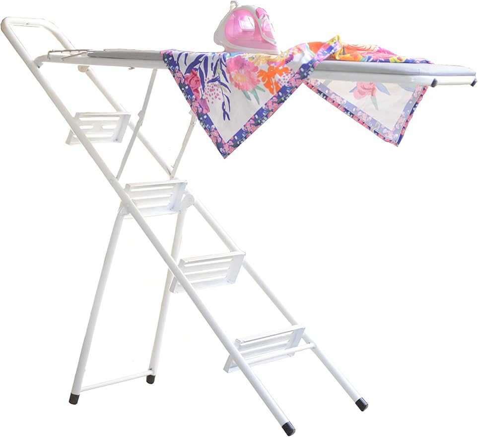 EU Tabla de planchar con tendedero y escalera 3 en 1, ideal para lavanderos pequeños.